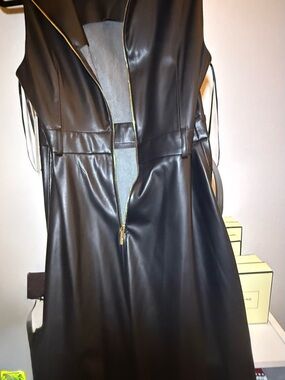 Calvin Klein Black Faux Leather Sleeveless Belted Dress